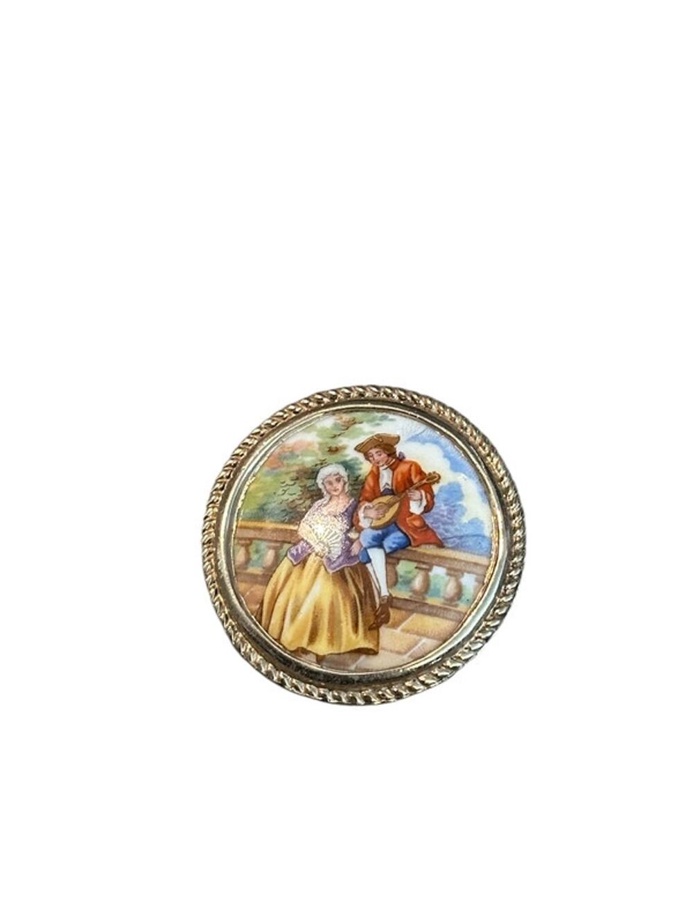 Vintage Limoges France Porcelain Brooch - Romantic Fragonard Courting Couple